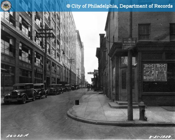 Morgue-Looking West on Wood Street from Northeast Corner - 13th and Wood Streets.  No Parking Sign on Pole on Corner - Automobiles
