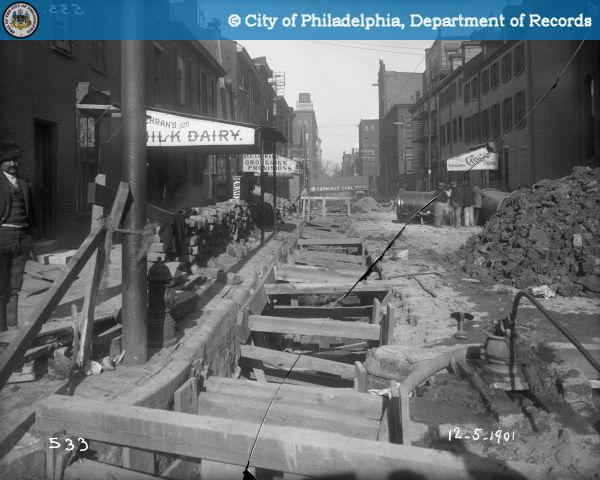 13th and Wood Streets Looking North. Stores